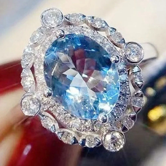 💕  925 Silver Plated Sea Blue Oval Shaped CZ Ring for Women, FB16FA1034 - Picture 2 of 6